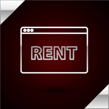 Çevrimiçi kira simgesiyle asılı gümüş çizgi işareti koyu kırmızı arka planda izole edilmiş. Metin Rent 'li pano. Vektör İllüstrasyonu
