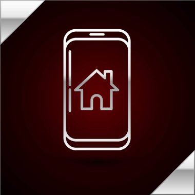 Akıllı ev simgesine sahip gümüş çizgili cep telefonu koyu kırmızı arka planda izole edilmiş. Uzaktan kumanda. Vektör İllüstrasyonu