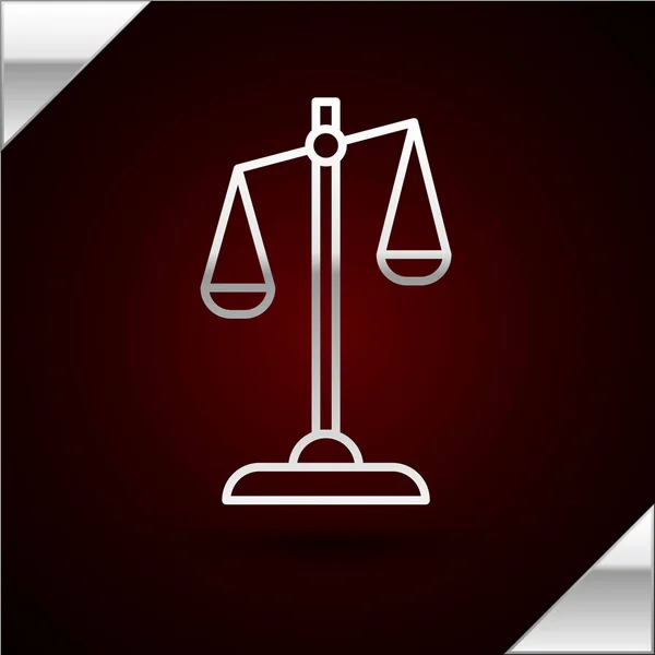 Silver line Scales of justice icon isolated on dark red background. Court of law symbol. Balance scale sign. Vector Illustration — Stock Vector