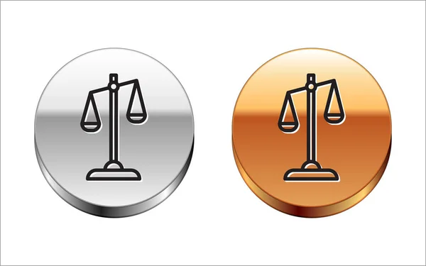 Black line Scales of justice icon isolated on white background. Court of law symbol. Balance scale sign. Silver-gold circle button. Vector Illustration — Stock Vector