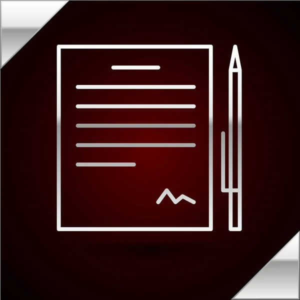 Silver line Contract with pen icon isolated on dark red background. File icon. Checklist icon. Business concept. Vector Illustration — Stock Vector