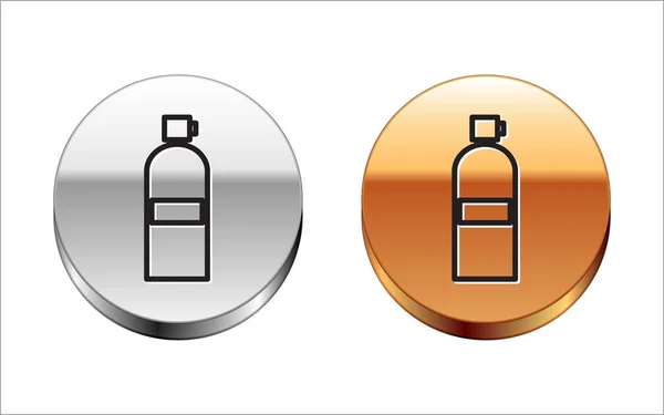 Zwarte lijn Aqualung pictogram geïsoleerd op witte achtergrond. Zuurstoftank voor duiker. Duikuitrusting. Extreme sport. Duiken onder water apparatuur. Zilveren-gouden cirkel knop. Vector Illustratie — Stockvector