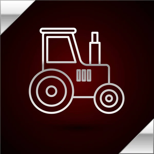 Silberne Linie Traktor-Symbol isoliert auf dunkelrotem Hintergrund. Vektorillustration — Stockvektor