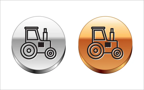 Ligne noire Icône tracteur isolé sur fond blanc. Bouton rond argent-or. Illustration vectorielle — Image vectorielle