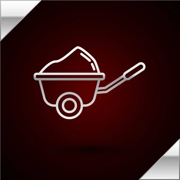 Silver line Wheelbarrow with dirt icon isolated on dark red background. Tool equipment. Agriculture cart wheel farm. Vector Illustration — Stock Vector