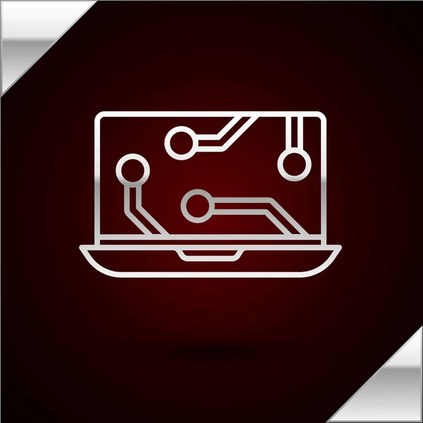 Silver linje Laptop ikon isolerad på mörkröd bakgrund. Teknik och enheter koncept.. Vektor Illustration — Stock vektor