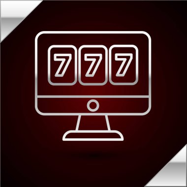 Silver line Online slot machine with lucky sevens jackpot icon isolated on dark red background. Online casino. Vector Illustration