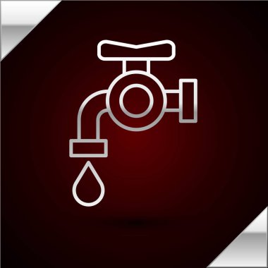 Gümüş çizgili su musluğu simgesi koyu kırmızı arka planda izole edildi. Vektör İllüstrasyonu