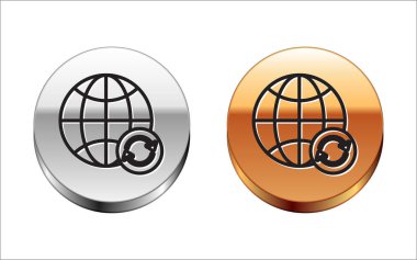 Siyah çizgi Dünya ve beyaz arka planda izole edilmiş bir geri dönüşüm ikonu. Çevresel konsept. Gümüş-altın halka düğmesi. Vektör İllüstrasyonu