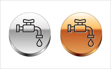 Siyah çizgi su musluğu simgesi beyaz arkaplanda izole edildi. Gümüş-altın halka düğmesi. Vektör İllüstrasyonu
