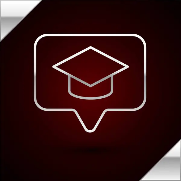 Stříbrná čára Graduation čepice v ikonu hlasové bubliny izolované na tmavočerveném pozadí. Maturitní klobouk s ikonou střapce. Vektorová ilustrace — Stockový vektor