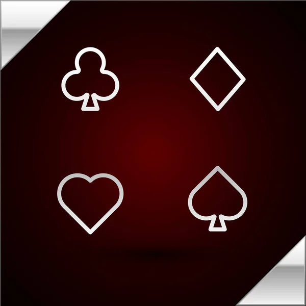 Línea de plata Icono de cartas aisladas sobre fondo rojo oscuro. Juego de casino. Ilustración vectorial — Vector de stock