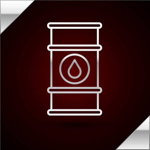 Silver line Oil barrel line icon isolated on dark red background. Oil drum container. For infographics, fuel, industry, power, ecology. Vector Illustration