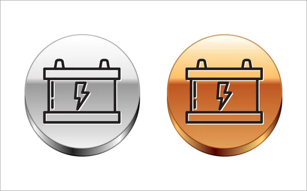 Ligne noire Icône de batterie de voiture isolé sur fond blanc. Accumulateur batterie énergie et accumulateur d'électricité batterie. Foudre. Bouton rond argent-or. Illustration vectorielle — Image vectorielle