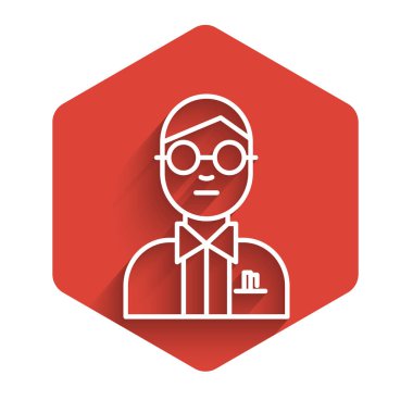 Beyaz çizgi bilim adamı ikonu uzun gölgeli izole edilmiş. Kırmızı altıgen düğmesi. Vektör İllüstrasyonu