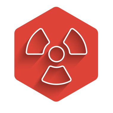 Beyaz çizgi radyoaktif ikon uzun gölgeli izole edilmiş. Radyoaktif zehirli sembol. Radyasyon tehlikesi işareti. Kırmızı altıgen düğmesi. Vektör İllüstrasyonu