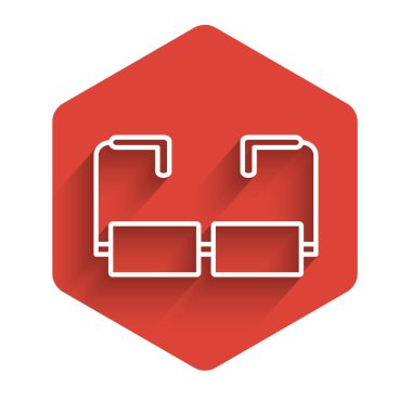 Uzun gölgeli beyaz çizgi gözlük simgesi. Gözlük çerçevesi sembolü. Kırmızı altıgen düğmesi. Vektör İllüstrasyonu