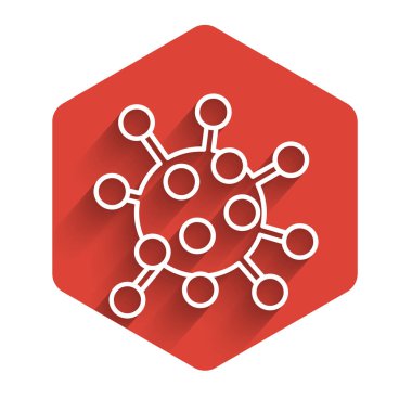 Beyaz çizgi bakteri ikonu uzun gölgeli izole edilmiş. Bakteriler ve mikroorganizmalar, sebep olan mikroorganizma hastalıkları, hücre kanseri, mikrop, virüs, mantar. Kırmızı altıgen düğmesi. Vektör İllüstrasyonu