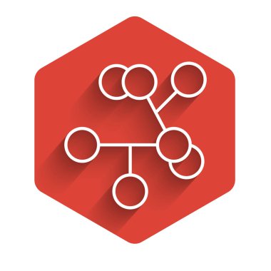 Beyaz çizgi Molekül simgesi uzun gölgeli izole edilmiş. Kimya moleküllerinin yapısı, fen öğretmenlerinin yenilikçi eğitim posteri. Kırmızı altıgen düğmesi. Vektör İllüstrasyonu