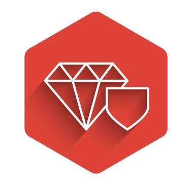 Beyaz çizgi Elmas, uzun gölgeli bir simge ile izole edilmiş. Mücevher sigortası konsepti. Güvenlik, güvenlik, koruma, konsept koruma. Kırmızı altıgen düğmesi. Vektör İllüstrasyonu