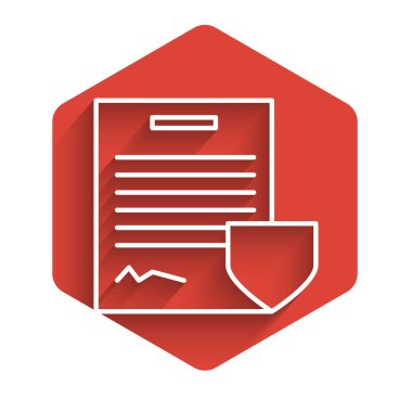 Beyaz çizgi sözleşmesi, uzun gölgeli bir kalkan ikonu ile izole edildi. Sigorta konsepti. Güvenlik, güvenlik, koruma, konsept koruma. Kırmızı altıgen düğmesi. Vektör İllüstrasyonu