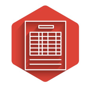 Beyaz çizgi Rapor dosya simgesi uzun gölgeyle izole edildi. Kontrol listesi simgesi. İş konsepti. Kırmızı altıgen düğmesi. Vektör İllüstrasyonu