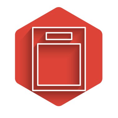 Beyaz çizgi uzun gölgeli boş form simgesi. Dosya simgesi. Kontrol listesi simgesi. İş konsepti. Kırmızı altıgen düğmesi. Vektör İllüstrasyonu
