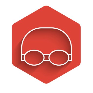 Yüzme ikonu için beyaz çizgi gözlük ve şapka uzun gölge arkaplan izole. Yüzme şapkası ve gözlükleri. Su altı ekipmanları. Kırmızı altıgen düğmesi. Vektör İllüstrasyonu