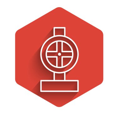 Beyaz çizgi endüstrisi metalik borular ve uzun gölgeli kapakçık ikonu izole edildi. Kırmızı altıgen düğmesi. Vektör İllüstrasyonu