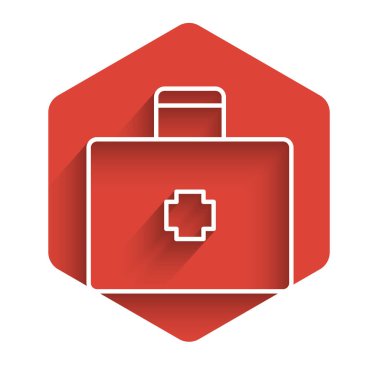 Beyaz çizgi ilk yardım çantası simgesi uzun gölge arkaplanı ile izole edildi. Haçlı sağlık kutusu. Acil durumlar için tıbbi ekipman. Sağlık sigortası konsepti. Kırmızı altıgen düğmesi. Vektör İllüstrasyonu