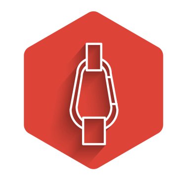 Beyaz çizgi karabina simgesi uzun gölge arkaplanı ile izole edildi. Olağanüstü bir spor. Spor malzemeleri. Kırmızı altıgen düğmesi. Vektör İllüstrasyonu