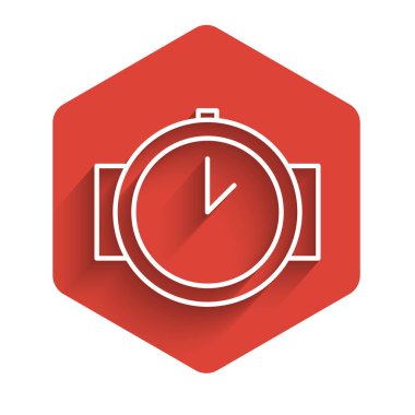 Beyaz çizgi dalış ikonu uzun gölge arkaplan izole. Su altı ekipmanları. Kırmızı altıgen düğmesi. Vektör İllüstrasyonu