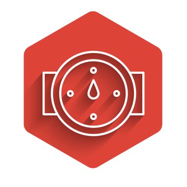 Beyaz çizgi rüzgar gül ikonu uzun gölge arkaplan izole. Seyahat için pusula simgesi. Navigasyon tasarımı. Kırmızı altıgen düğmesi. Vektör İllüstrasyonu