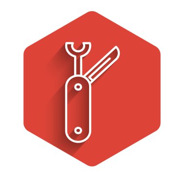 Beyaz çizgili, uzun gölgeli İsviçre çakısı ikonu. Çoklu alet, çok amaçlı çakı. Çok fonksiyonlu bir alet. Kırmızı altıgen düğmesi. Vektör İllüstrasyonu