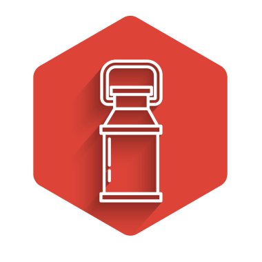 Süt ikonu için uzun gölgeli beyaz çizgi konteynır. Kırmızı altıgen düğmesi. Vektör İllüstrasyonu