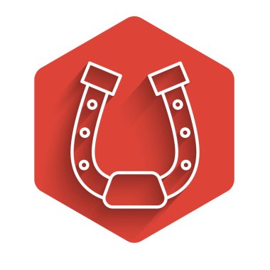 Beyaz çizgi at nalı ikonu uzun gölgeli izole edilmiş. Kırmızı altıgen düğmesi. Vektör İllüstrasyonu