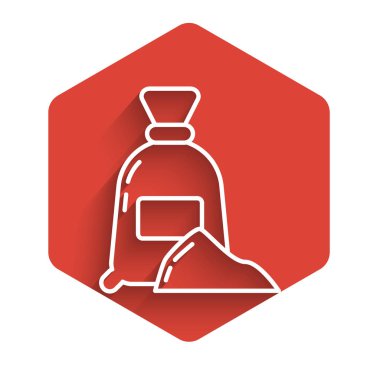 Un çuvalı simgesi uzun gölgeli beyaz çizgi. Kırmızı altıgen düğmesi. Vektör İllüstrasyonu