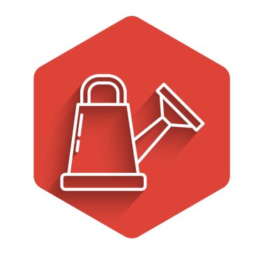 Sulama beyaz çizgi uzun gölgeli izole ikon olabilir. Sulama sembolü. Kırmızı altıgen düğmesi. Vektör İllüstrasyonu