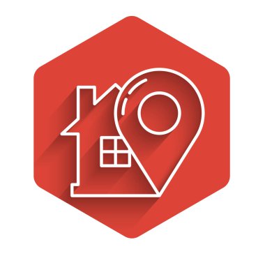 Beyaz çizgi harita işaretçisi, uzun gölgeli ev simgesiyle izole edilmiş. Ev konumu belirleyici sembol. Kırmızı altıgen düğmesi. Vektör İllüstrasyonu