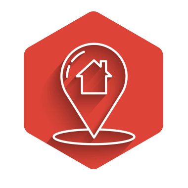 Beyaz çizgi harita işaretçisi, uzun gölgeli ev simgesiyle izole edilmiş. Ev konumu belirleyici sembol. Kırmızı altıgen düğmesi. Vektör İllüstrasyonu