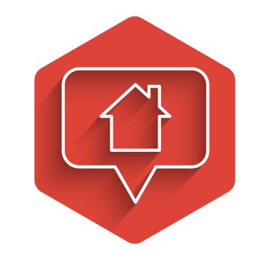 Beyaz çizgi harita işaretçisi, uzun gölgeli ev simgesiyle izole edilmiş. Ev konumu belirleyici sembol. Kırmızı altıgen düğmesi. Vektör İllüstrasyonu