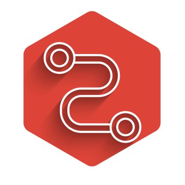 Beyaz çizgi rota simgesi uzun gölgeli izole edildi. Harita işaretçisi işareti. Yol ya da yol kavramı. GPS yön bulucu. Kırmızı altıgen düğmesi. Vektör İllüstrasyonu