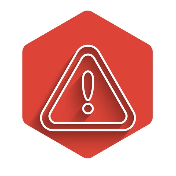 White line Exclamation mark in triangle icon isolated with long shadow. Hazard warning sign, careful, attention, danger warning important sign. Red hexagon button. Vector Illustration — Stock Vector