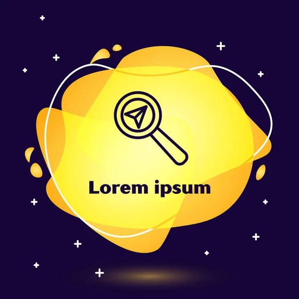 Black line Search location icon isolated on blue background. Magnifying glass with pointer sign. Abstract banner with liquid shapes. Vector Illustration — ストックベクタ