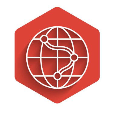 Dünya ikonundaki beyaz çizgi konumu uzun gölgeli izole edilmiş. Dünya ya da Dünya işareti. Kırmızı altıgen düğmesi. Vektör İllüstrasyonu