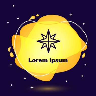 Mavi arkaplanda siyah çizgi rüzgar gül ikonu izole. Seyahat için pusula simgesi. Navigasyon tasarımı. Sıvı şekilli soyut pankart. Vektör İllüstrasyonu