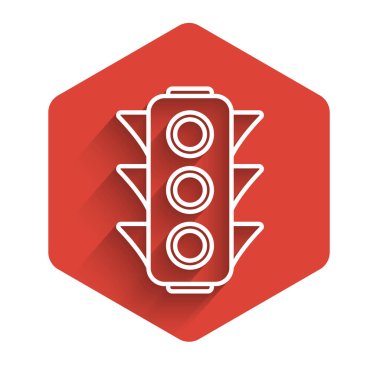 Beyaz çizgi trafik ışığı ikonu uzun gölgeli izole edildi. Kırmızı altıgen düğmesi. Vektör İllüstrasyonu