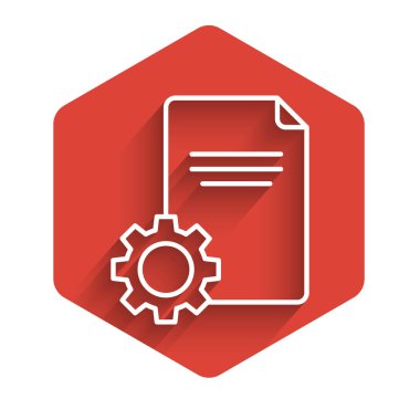 Beyaz çizgi Dosya simgesi uzun gölgeyle izole edildi. Ayarlama, servis, ayar, bakım, onarım, onarım. Kırmızı altıgen düğmesi. Vektör İllüstrasyonu