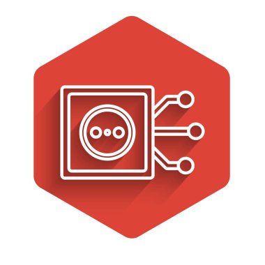 Beyaz çizgi Akıllı ev simgesi uzun gölgeli izole edilmiş. Uzaktan kumanda. Kırmızı altıgen düğmesi. Vektör İllüstrasyonu