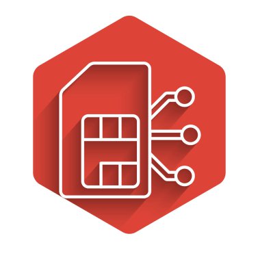 Beyaz çizgi Sim kart simgesi uzun gölgeyle izole edildi. Cep telefonu sim kart çipi. Mobil telekomünikasyon teknolojisi sembolü. Kırmızı altıgen düğmesi. Vektör İllüstrasyonu